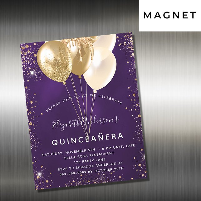 Quinceanera purple gold glitter balloons luxury magnetic invitation (Creator Uploaded)