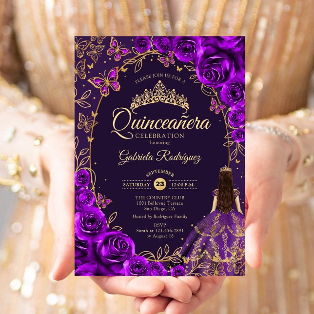 Quinceanera Purple Gold Invitation (Creator Uploaded)
