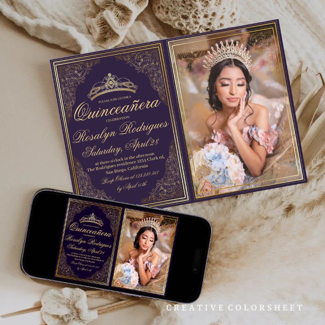 Quinceanera Purple gold Ornate Princess Tiara Invitation (Creator Uploaded)