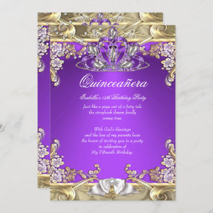 Quinceanera Purple Gold White 15th Birthday Party Invitation