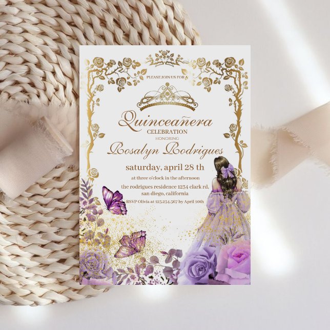 Quinceanera Purple Gold White Invitation (Creator Uploaded)