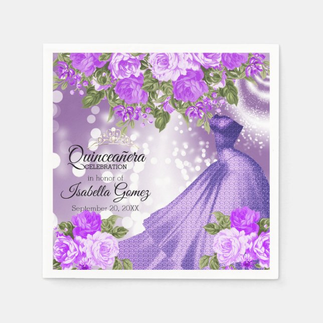Quinceañera Purple Gown and Flowers Napkin (Front)