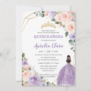 Quinceañera Purple Lavender Blush Floral Gold Invitation