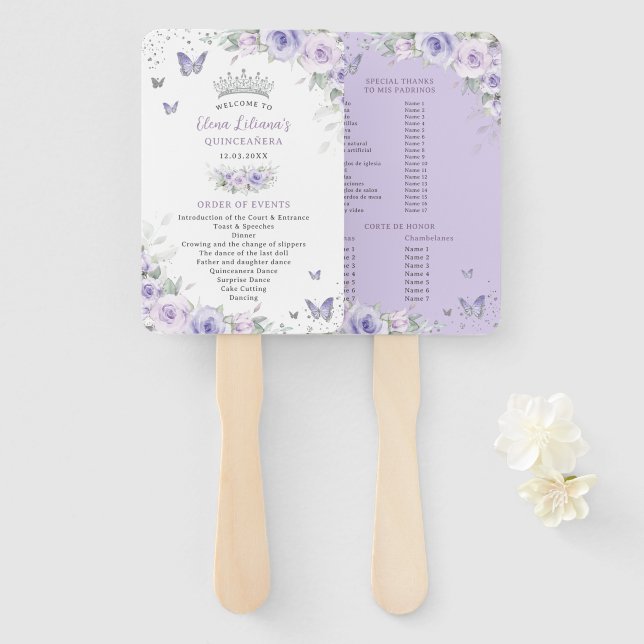 Quinceañera Purple Lavender Floral Silver Program Hand Fan (Front and Back)