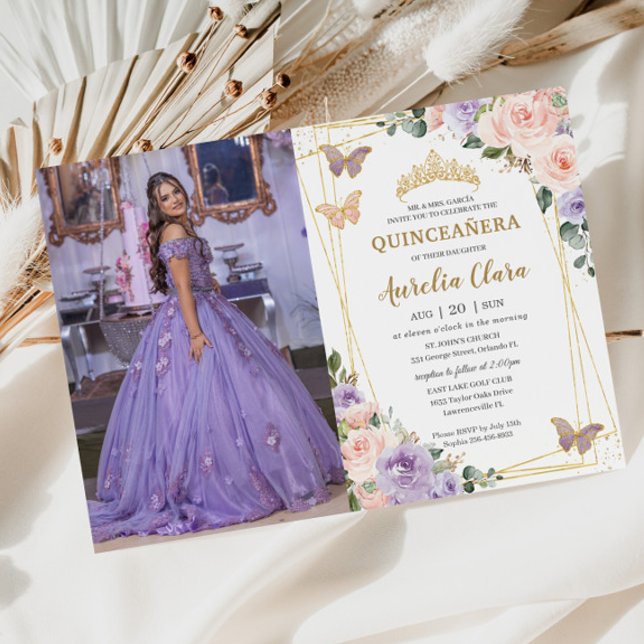 Quinceañera Purple Lilac Blush Floral Butterflies  Invitation (Creator Uploaded)