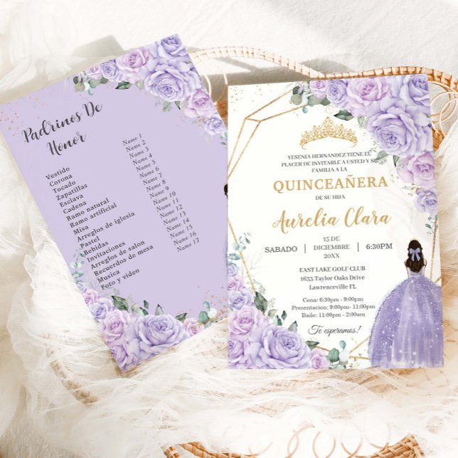 Quinceañera Purple Lilac Floral 15 Años Padrinos Invitation (Creator Uploaded)