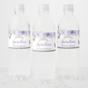 Quinceañera Purple Lilac Floral Birthday Favour Water Bottle Label