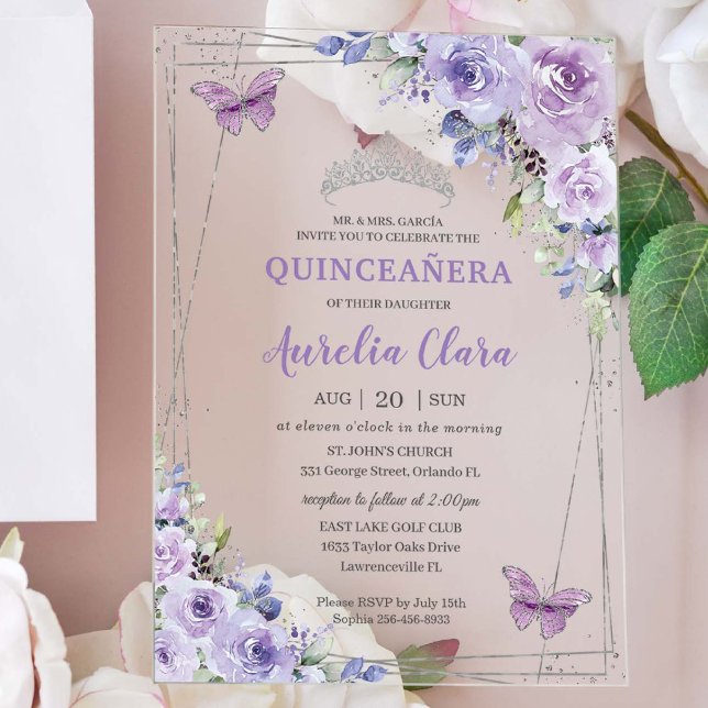 Quinceañera Purple Lilac Floral Butterflies Silver Acrylic Invitations (Creator Uploaded)
