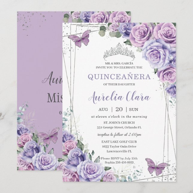 Quinceañera Purple Lilac Floral Butterflies Silver Invitation (Front/Back)