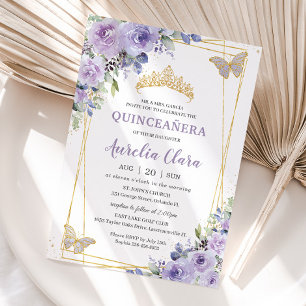 Quinceañera Purple Lilac Floral Butterflies Tiara Invitation