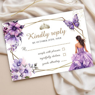 Quinceañera Purple Lilac Floral Butterfly Rsvp Card