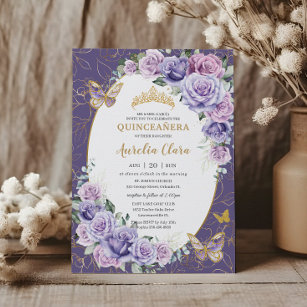 Quinceañera Purple Lilac Floral Gold Butterflies Invitation
