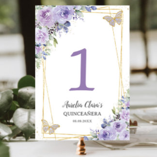Quinceañera Purple Lilac Floral Gold Butterflies Table Number