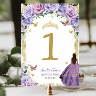 Quinceañera Purple Lilac Floral Gold Girl Dress  Table Number