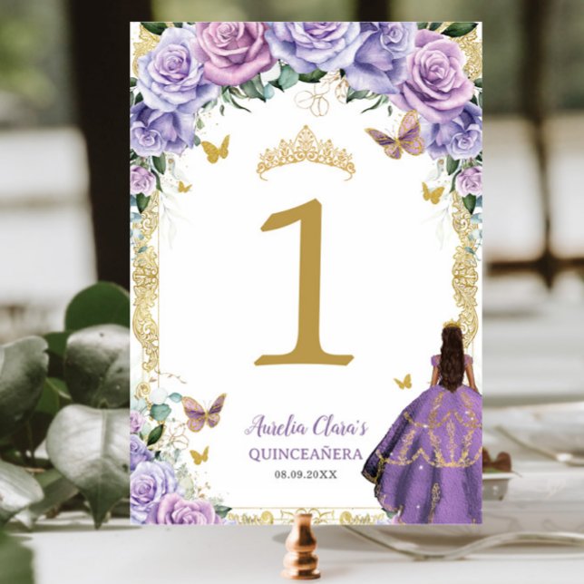 Quinceañera Purple Lilac Floral Gold Girl Dress  Table Number (Creator Uploaded)