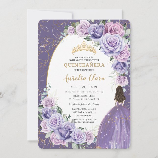 Quinceañera Purple Lilac Floral Gold Princess Invitation (Front)