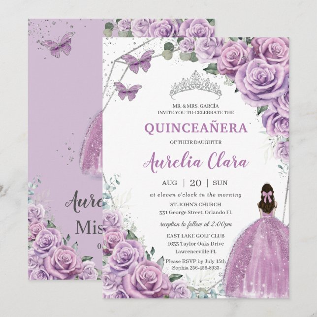 Quinceañera Purple Lilac Floral Princess Birthday Invitation (Front/Back)