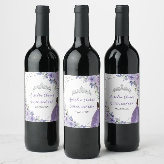 Quinceañera Purple Lilac Floral Princess Silver Wine Label (Bottles)