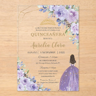Quinceañera Purple Lilac Floral Princess Spanish Acrylic Invitations
