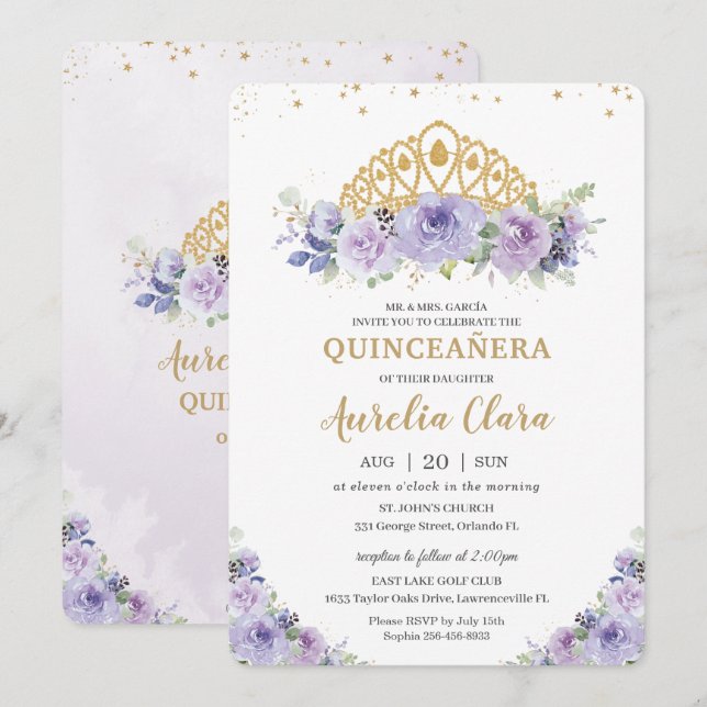 Quinceañera Purple Lilac Floral Princess Tiara  Invitation (Front/Back)
