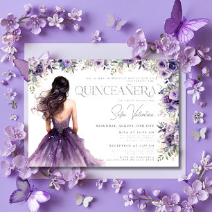 Quinceañera Purple Lilac Floral Silver Gown Invitation