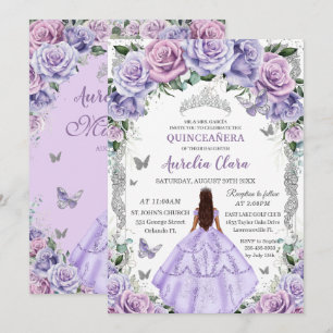 Quinceañera Purple Lilac Floral Silver Princess Invitation