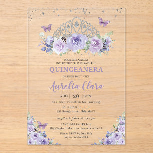 Quinceañera Purple Lilac Floral Tiara Butterflies Acrylic Invitations
