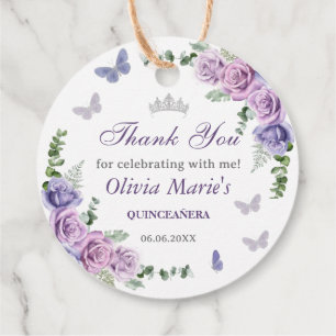 Quinceañera Purple Lilac Floral Tiara Butterflies Favour Tags