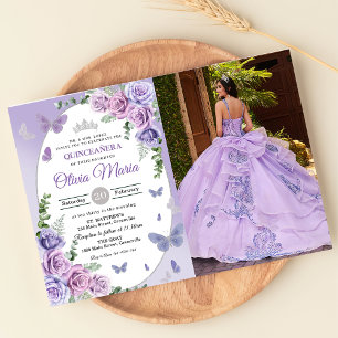 Quinceañera Purple Lilac Floral Tiara Butterflies  Invitation