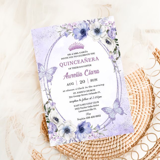 Quinceañera Purple Lilac Floral Tiara Butterflies Invitation (Creator Uploaded)