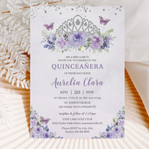 Quinceañera Purple Lilac Floral Tiara Butterflies Invitation