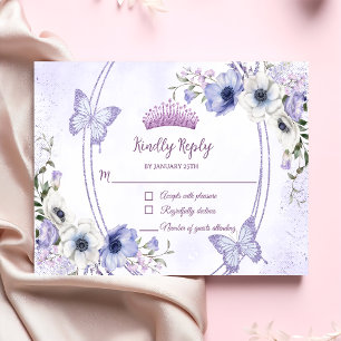 Quinceañera Purple Lilac Floral Tiara Butterflies  RSVP Card