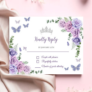 Quinceañera Purple Lilac Floral Tiara Butterflies RSVP Card