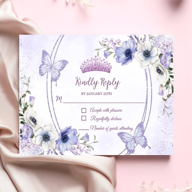 Quinceañera Purple Lilac Floral Tiara Butterflies  RSVP Card (Creator Uploaded)