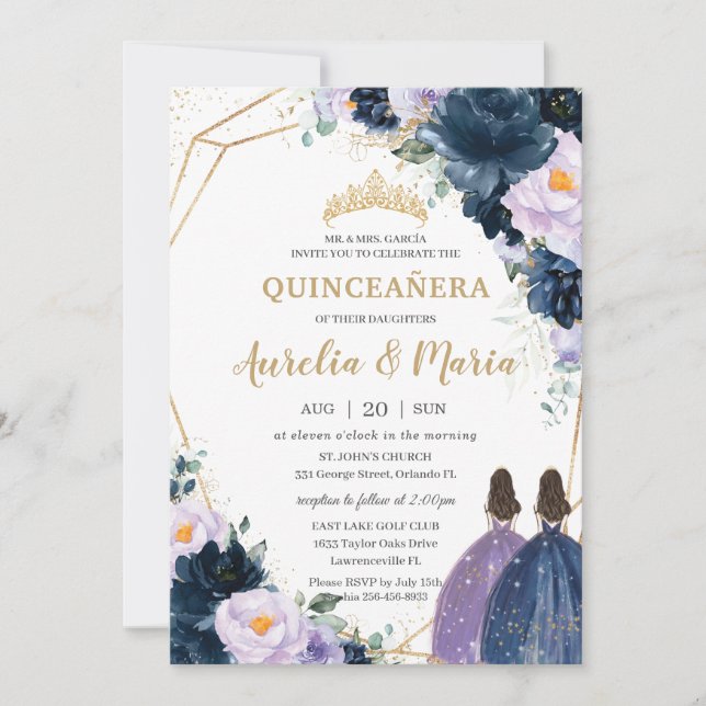 Quinceañera Purple Lilac Navy Blue Floral Twins Invitation (Front)