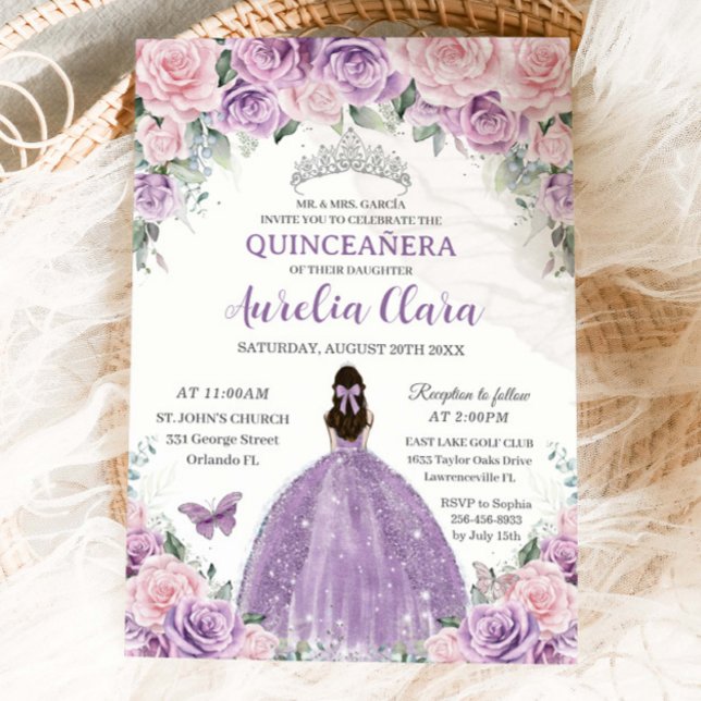 Quinceañera Purple Lilac Pale Pink Floral Princess Invitation (Creator Uploaded)