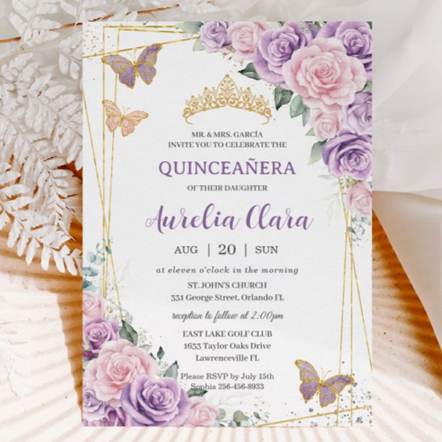 Quinceañera Purple Lilac Pink Floral Butterflies Invitation (purple lilac pale pink roses floral quinceanera xv birthday invitation cards printed and digital)