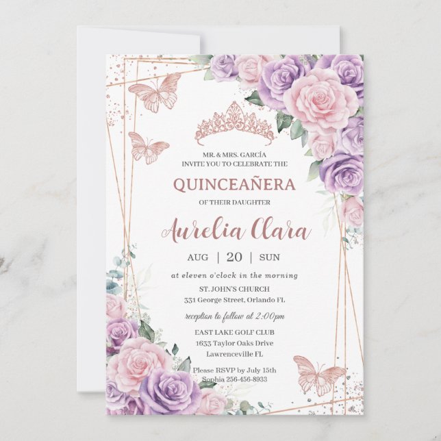 Quinceañera Purple Lilac Pink Floral Rose Gold Invitation (Front)