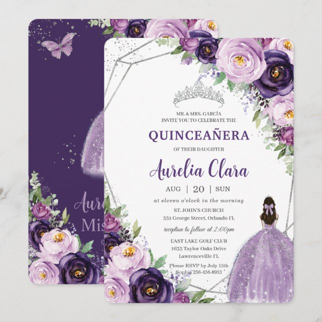 Quinceañera Purple Lilac Plum Floral Silver Dress Invitation (Front/Back)