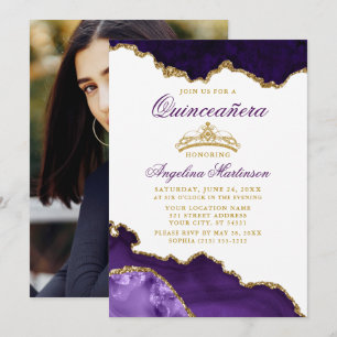 Quinceanera Purple Marble Gold Crown Photo Invitation