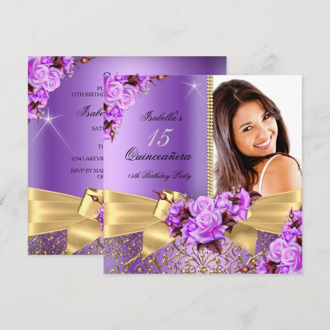 Quinceanera Purple Photo Gold Rose 15th Birthday Invitation (Front/Back)