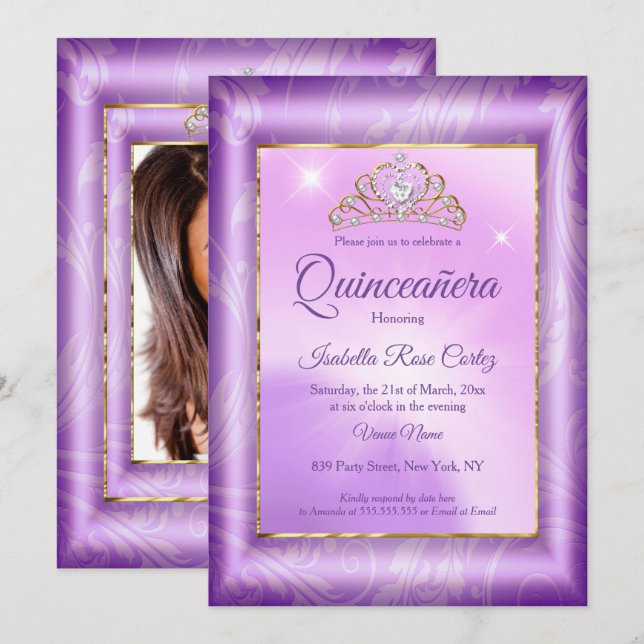 Quinceanera Purple photo Gold Tiara party Invitation (Front/Back)