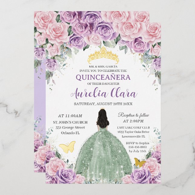 Quinceañera Purple Pink Floral Sage Green Dress (Front/Back)