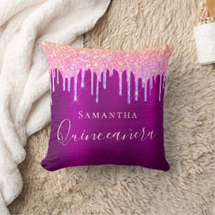 Quinceanera purple pink glitter drips name cushion