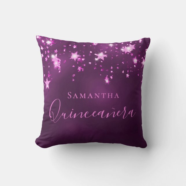 Quinceanera purple pink monogram name sparkle cushion (Front)