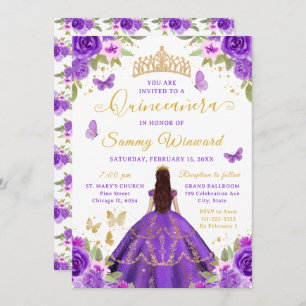 Quinceañera Purple Princess Brunette Girl Invitation