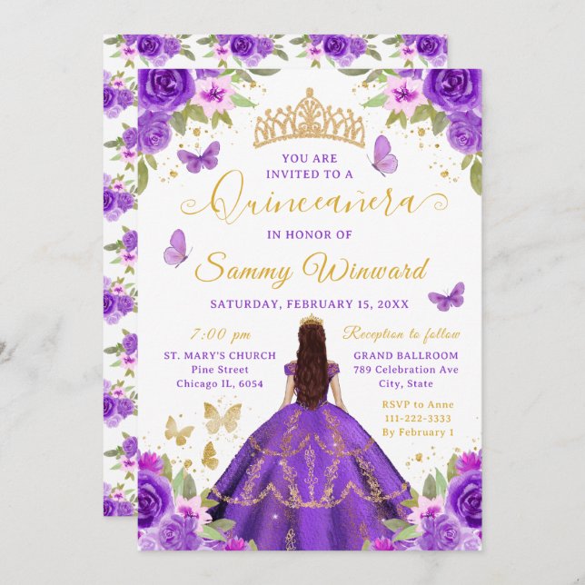 Quinceañera Purple Princess Brunette Girl Invitation (Front/Back)