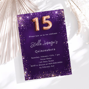 Quinceanera purple rose gold sparkles invitation
