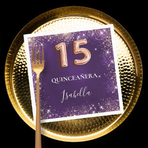 Quinceanera purple rose gold sparkles name napkin