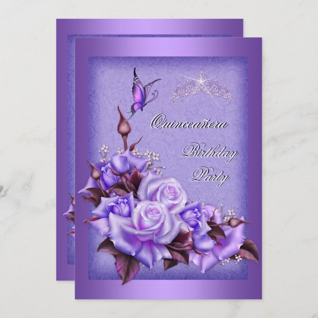 Quinceanera Purple Roses Butterfly Floral 2a Invitation (Front/Back)